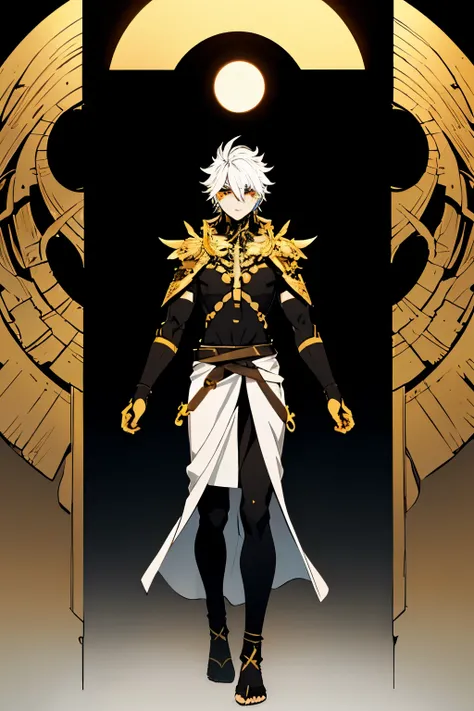 A demon slayer OC , demon, full body    :

appearance:
 Kaigen has a tall, stylized figure with pale skin that emits a faint golden glow The moonlight.  His hair is jet-black with tufts that seem to reflect the first rays of dawn .  He wears gold and red t...