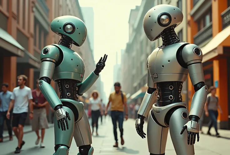 A scene where retro, vintage-styled robots interact with humans in a contemporary, urban setting. The robots should have chrome or retro-futuristic designs, with soft, nostalgic colors like pastels and muted metallics, blending the past and future in every...