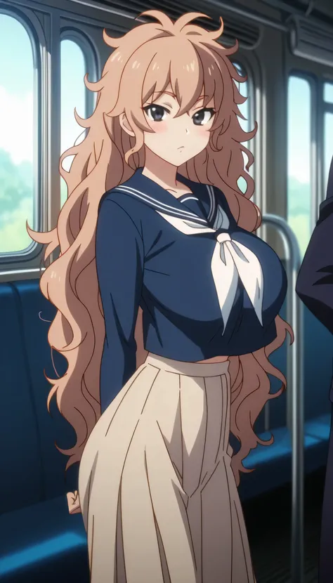 1girl, very long black messy hair, half-closed black eyes, dark circles under the eyes, neutral expression, dark blue serafuku, standing, big breasts, curvy, skinny, looking at viewer, medium blush, indoor, inside a train car, anime screencap, anime colori...