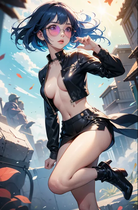 anime - style illustration of a woman in a leather clothing, shirtless:1.5, video game character, official character art, trending on cgstation, e-girl, cushart krenz key art feminine, full body, female action anime girl, blue bob hair, blunt bangs, sun-gl...