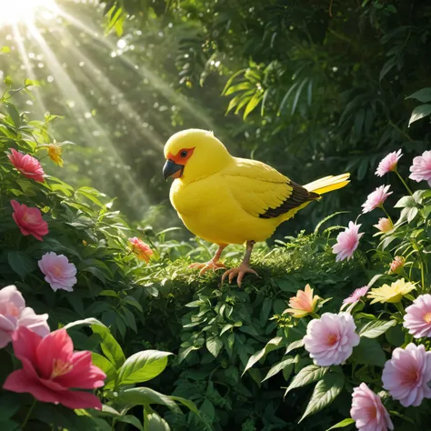 A heartwarming scene featuring a young Japanese woman, around 20 years old, warmly embracing a life-sized budgerigar (セキセインコ) with vibrant green and yellow feathers. The woman has a joyful expression, her medium-length hair gently blowing in the breeze. Th...