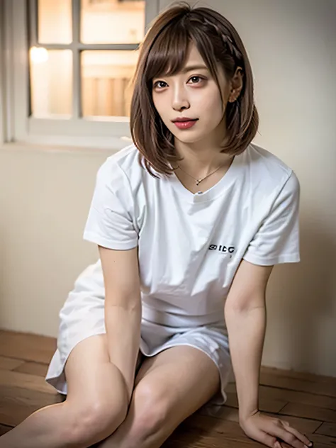 A young person sits on the polished wooden floor of a brightly lit gymnasium, their knees pulled close to their chest with arms wrapped securely around their legs. White panties are visible. The soft light from tall windows reflects off the glossy floor, c...