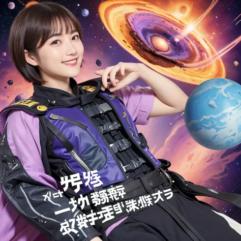 344 (20-year-old female, short hair with shadows), ( high image quality), (smile), (colorful combat uniforms and flowers), (Nebulae and Planets ), (Spaceship), (chest:1.2)