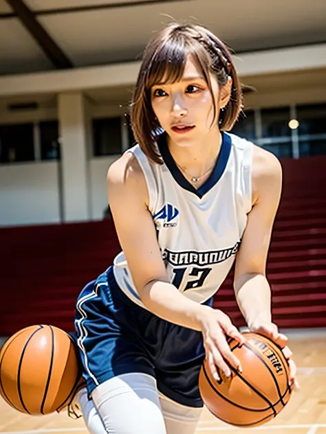 A young female basketball player executing a dynamic jump shot with precision and grace. The basketball is held firmly in both hands as she aims for the hoop, her form exuding confidence and mastery. Her slim-fit basketball uniform highlights her athletic ...