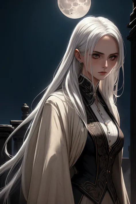 Woman, antique suit, body half zoomed, small breasts, white hair, long hair, moonlight clean face, dark background, masterpiece, super detailed, epic composition, ultra HD, high quality, extremely detailed, official art.