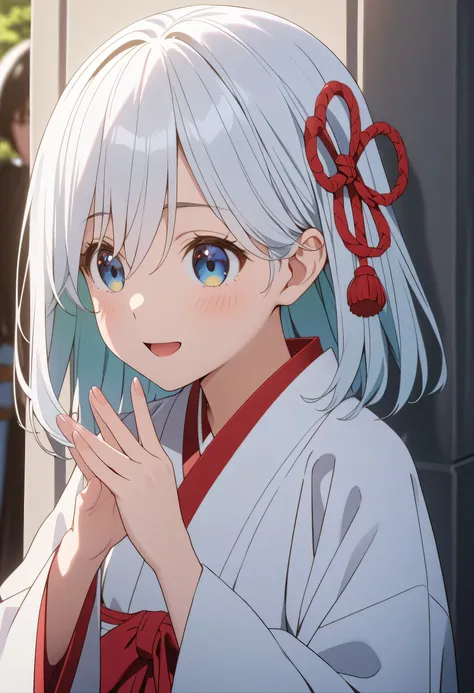 ((ultra-detailed)),   (highly detailed CG illustration),  (best quality:1.2),  ultra-highly detailed,  colorful composition, artistic photoshoot, score_9, score_8_up, 1girl, solo focus, amagamiasahi, blue eyes, white hair, red ribbon, hair ribbon, medium h...