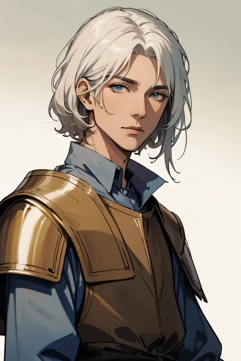 ( excellent quality), (high resolution), (absurd play) ((man)), (eyes), Its half past ten, white hair, disheveled hair , ((paladin)), ((shirt, pants)), character looking at the camera, detailed face, ((medieval)), ((bang)), (((simple clothes))), portrai...