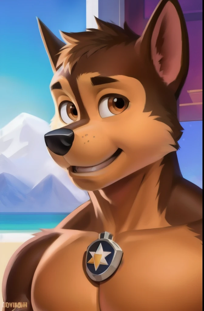 detailed fluffy fur texture, impasto-impressionism , (authors foxovh, Ross Tran, Mikhail Garmash , Pinot Daeni, A SPARK), detailed eyes , highly detailed pupils , Single, fluffy, antro, Chase-PP , domestic dog, pectoralis major muscle, male dog, brown...