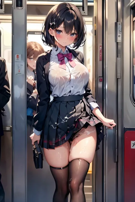 (nsfw:0.7) Beautiful girl wearing a miniskirt, black stockings, standing back, turning around, embarrassed expression, blushing ( crowded trains near the door, Many people around:1.5) (Cum is being applied to the skirt :1.3)