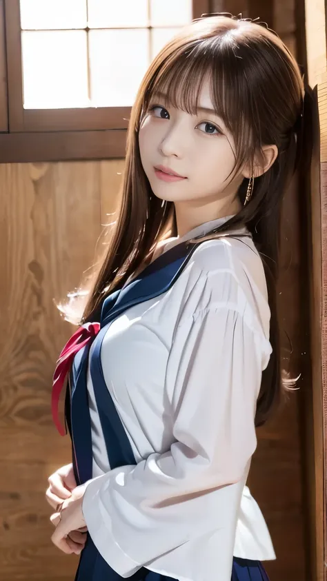   Actual 8K High Quality Images  、 Japanese New Year Decorated Room、 Slender and cute high school girl wearing sailor suit 、 apply light makeup 、 Detailed hand fingers、