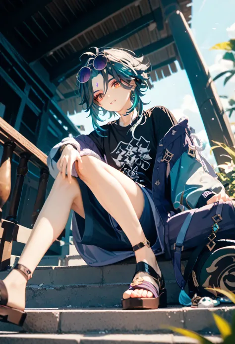 Best quality,  top quality, Xiao, genshin, eyewear on head, round eyewear, purple sunglasses, oversized fleece jacket, black shirt, from below, on one knee, sit on the step, hand on own knee,  sandals 