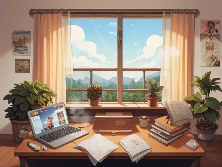 Girl sitting at a desk with open books and a laptop. Cozy room lit by soft light from a desk lamp. Walls with retro posters, potted plants and framed photos. Steaming cup of coffee or tea, headphones around neck and open window with light curtains. Warm an...
