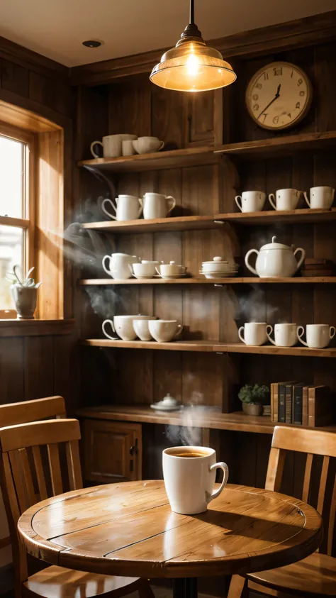 A cozy café interior with warm lighting, wooden furniture, and a vintage aesthetic. A steaming coffee cup sits on a table near a window, with soft, diffused sunlight streaming in. The background shows blurred bookshelves and a rustic ambiance, evoking a re...