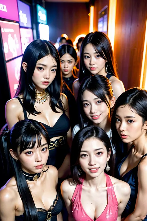   ((( 5 girls))), smile, Best Quality  , masterpiece, Ultra-High-Resolution, ( Photorealistic :1.4), Original photo,  very detailed,   Perfect Anatomy ,  in the middle of the night, At a Japanese nightclub, ((( 5 girls))),  all members of the most popular ...