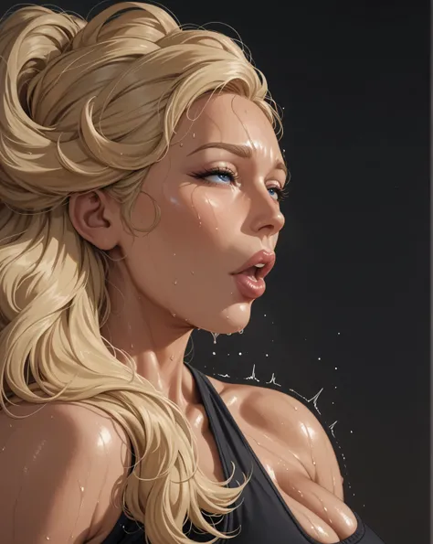score_9, score_8_up, score_7_up,, (middle aged woman with milf) , sweating, shoulder length gray|blonde hair, dark blue eyes, orgasm, black sports bra, full lips,