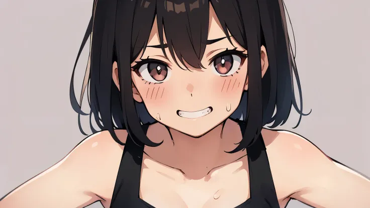 A sweaty and blush young girl with black hair wearing a tank top. Only one person in the illustration. Plain background. Bust-up illustration. Expression: grin smile