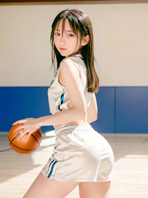 A young female basketball player executing a dynamic jump shot with precision and grace. The basketball is held firmly in both hands as she aims for the hoop, her form exuding confidence and mastery. Her slim-fit basketball uniform highlights her athletic ...