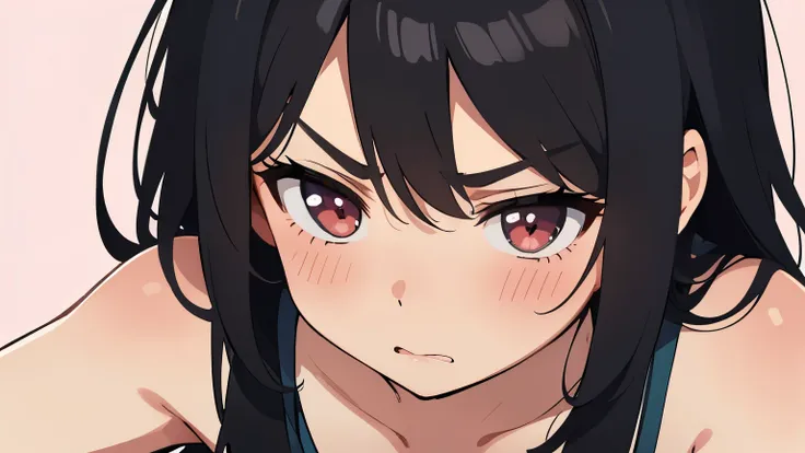 A sweaty and blush young girl with black hair wearing a tank top. Only one person in the illustration. Plain background. Bust-up illustration. Expression:angry