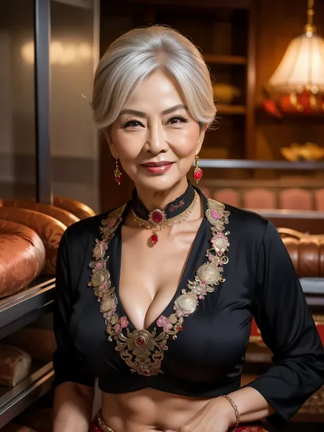 ７９ years old　Mom　MILF　Chinese Lady　large earring　Big choker　navel piercing decoration　A bracelet　realisitic　Gorgeous Madame Beautiful Mature Woman　sexy　Smile　Gentle woman navel piercing　４K　High quality