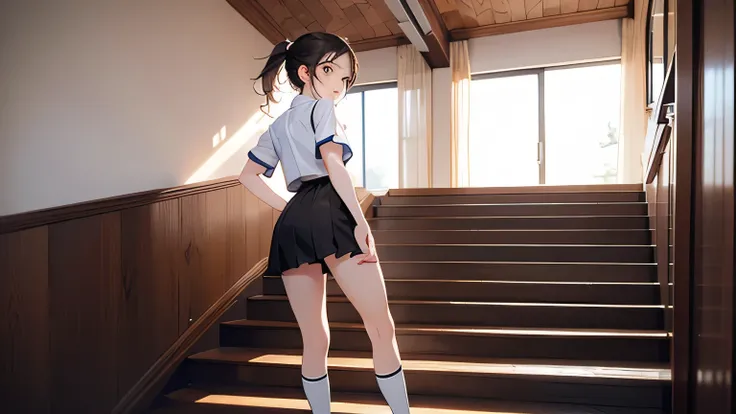 (masterpiece,  top quality :1.2), alone、( top quality :1.2), 8k, 1, 85mm,,  RAW photos, School uniform, ( thighs,  full body shot),  beautiful girls,  cute faces , (uniform:1.1), Short-sleeved shirt,  ponytail,  short hair with shadows,  without makeup, (s...