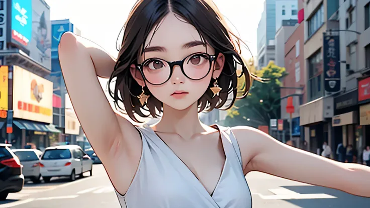 (masterpiece,  top quality :1.2), Alone、( top quality :1.2), 8k, 1, 85mm,,  RAW photos, ( upper body,Décolletage),  beautiful girls, 14-year-old middle school student, (uniform:1.1),  bob hair, Glasses,  without makeup, (Straight face:0.4),  film grain,  C...