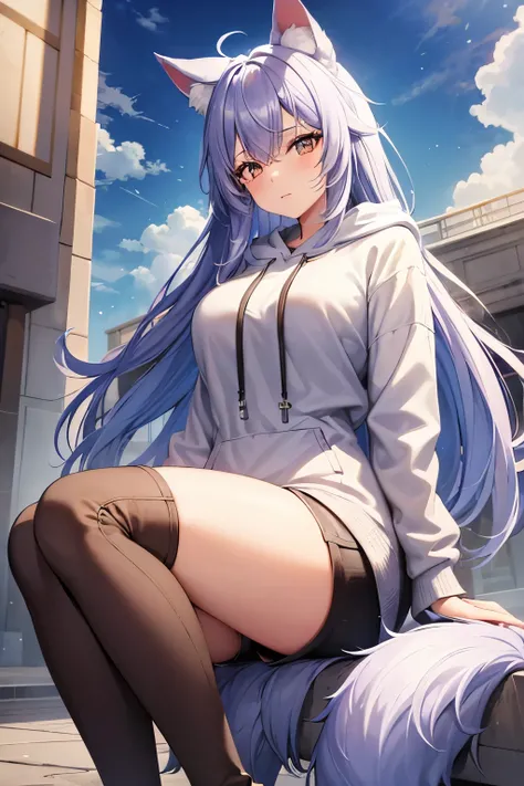  1 girl,  Ice Lavender Colored Hair, Wolf ears and tail, brown eyes,  long hair, Around town,  long hoodie,  shorts ,  long boots,  knee-high socks, Big Breasts,（masterpiece, Highest quality and highest image quality）