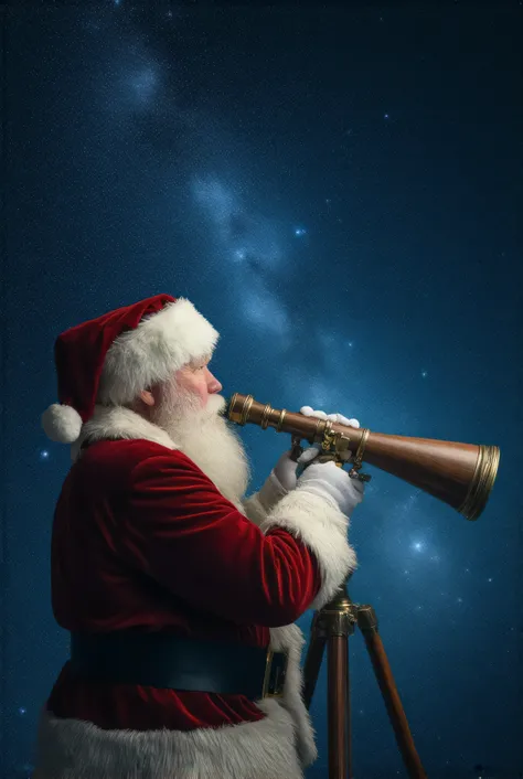 Create an image of a Santa Claus using a telescope with a very starry sky