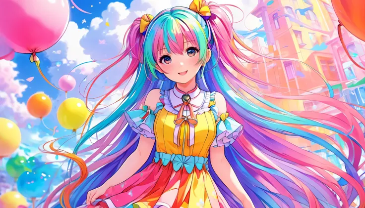  anime girl wearing multicolored hair and multicolored dresses,  Rosedrows Pastel Vivid , Rossdraws comics、Vivid, Anime Style 4k,  beautiful anime portrait, ArtJam Colorful!!!, ! Dream Art Germ,  beautiful anime girl,  anime style digital art,  anime art w...