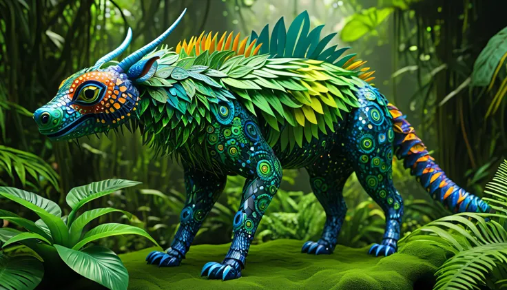  future genetic engineering covered in fauna 、 covered in fauna would incorporate living creatures into that work of art, Covered in fauna, flora.  Alebrije  , masterpiece, hyper HD, axonometry ,  Jungle.  cyberpunk