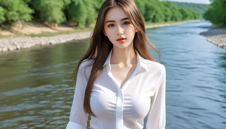 ( top quality ), ( realistic), 4K,  nude beautiful 18 year old girl , Beautiful ahegao ,   detail eyes,  long brown hair,  perfect beautiful slim body, natural skin, Naked energetic big boobs , Pretty Beautiful Female Face ,  sexy, Office Wear,  white blou...