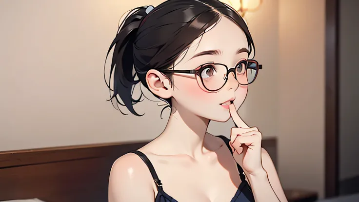 (masterpiece,  top quality :1.2), Alone、( top quality :1.2), 8k,  RAW photo, ( upper body, Décolletage, clavicle),  Hotel Room, beautiful  female middle school student,  ( camisole:1.1), Glasses,  Ponytail,  short hair with shadows,  without makeup, (Sad f...