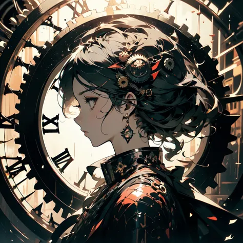 masterpiece,  concept art , ( beautiful and aesthetic :1.5),  surrealism , Profile portrait illustration of a woman dressed in yellow and black, adorned with gears and clock hair ornament,  cyberpunk art, Introduced on pixiv,  Rococo, Very long white flowi...