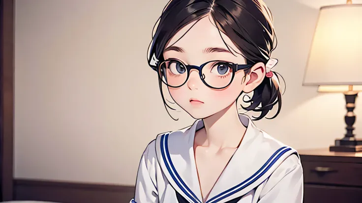 (masterpiece,  top quality :1.2), Alone、( top quality :1.2), 8k,  RAW photo, ( upper body, Décolletage, clavicle),  Hotel Room, beautiful  female middle school student,  ( sailor suit:1.1), Glasses,  Ponytail,  short hair with shadows,  without makeup, (Sa...