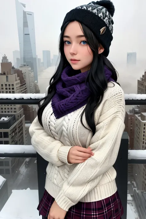 { }  very detailed purple Im wearing artwork {x} Theres a young girl on the balcony of a New York skyscraper in the middle of winter , Big Breasted ,Charming, Im wearing a fitted white sweater and a red checked skirt , big breasts, she wears leggings under...