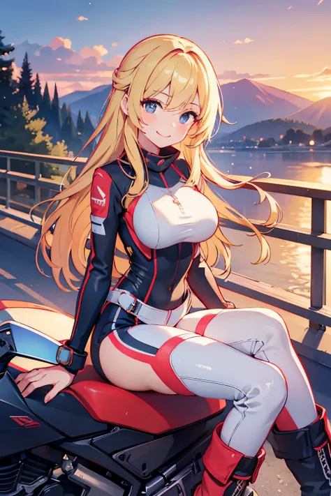  top quality , detailed face ,  cute face,  Masterpiece ,  lady, blonde hair, tight ski outfit,  large breasts,  slim waist, on long bridge, smile,(Straddle motorcycle, ) crossed legs, sunset, hunger, boots