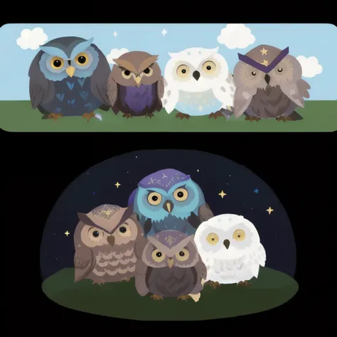 A group of owls, magical elements, wearing magic hats on their heads, holding magic wands, divination balls, starry sky, magic, magic books, scrolls, magic academy, Harry Potter in their hands