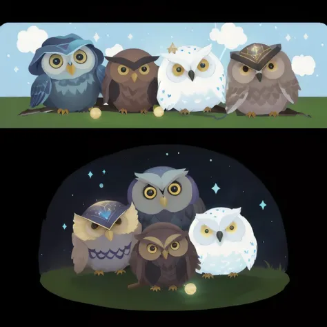 A group of owls, magical elements, wearing magic hats on their heads, holding magic wands, divination balls, starry sky, magic, magic books, scrolls, magic academy, Harry Potter in their hands