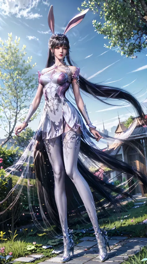 (1girl:1.3), AgainXiaowu, DLDLxiaowu, Solo, animal ears, rabbit ears, long hair, full body, brown hair, ponytail, tree, hair ornament, high heels, thighhighs, metal collar, sky, palm tree, blue sky, very long hair, dress, breasts, collar, outdoors, looking...