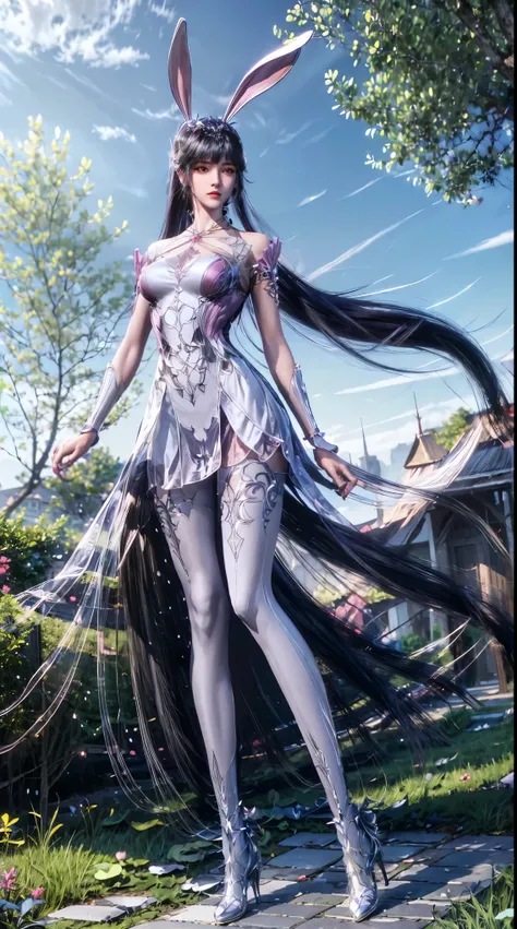 (1girl:1.3), AgainXiaowu, DLDLxiaowu, Solo, animal ears, rabbit ears, long hair, full body, brown hair, ponytail, tree, hair ornament, high heels, thighhighs, metal collar, sky, palm tree, blue sky, very long hair, dress, breasts, collar, outdoors, looking...