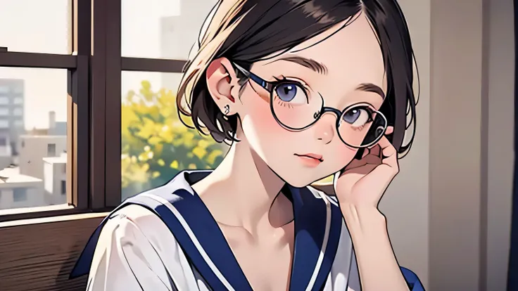 (masterpiece,  top quality :1.2), Alone、( top quality :1.2), 8k,  RAW photo, ( upper body, Décolletage, clavicle),  Hotel Room, beautiful  female middle school student,  ( sailor suit:1.1), Glasses,  bob hair,  short hair with shadows,  without makeup, (Sa...