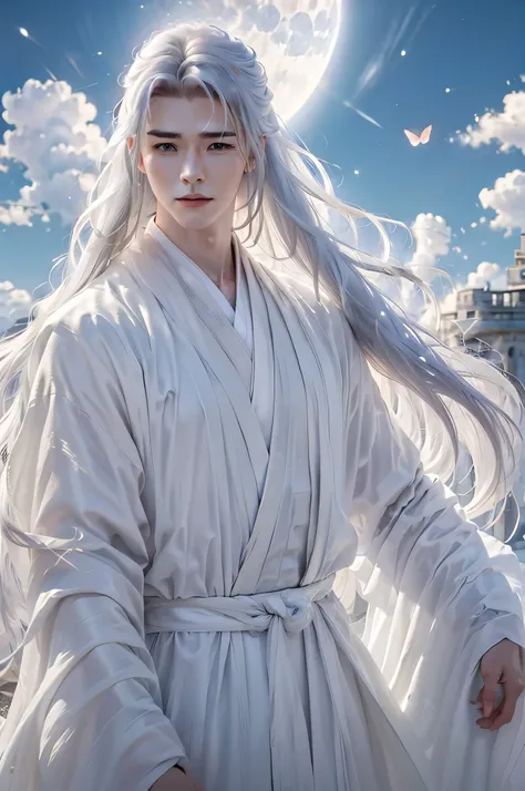 (full body portrait) 20 year old Naruto is a true masterpiece with masculine beauty, perfect anatomy. charming attractive eyes, Perfect lines, 8K quality, his head has silky hair, wearing white long robe, wearing white hanbok clothes, messy silver long hai...