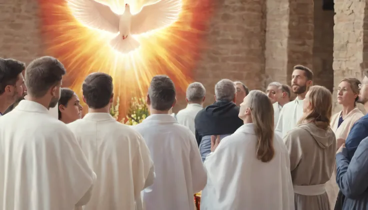 The Holy Spirit descends behind people praying at Pentecost,  super detailed , 8k --