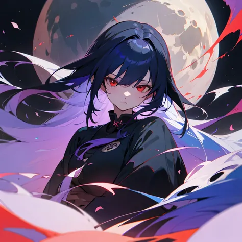 (( best quality)), (( masterpiece)), ( Details), Tsukuyomi, The Moon, red Eyes, Black hair, purple and Blue hair, Black Yukata 