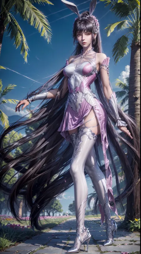 (1girl:1.3), AgainXiaowu, DLDLxiaowu, Solo, animal ears, rabbit ears, long hair, full body, brown hair, ponytail, tree, hair ornament, high heels, thighhighs, metal collar, sky, palm tree, blue sky, very long hair, dress, breasts, collar, outdoors, looking...