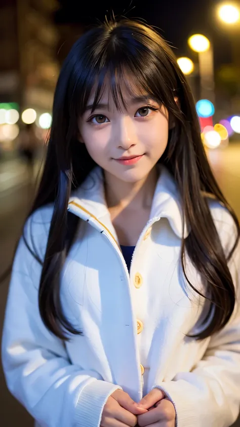 (Best-quality, Masterpiece, Ultra-High-Resolution, (Photorealistic:1.4), Raw Photo, depth of field, professional lighting), at street in midnight, 1girl, (((13-years-old))), the most famous Japanese-idol, innocent smile, wearing winter clothes with adorabl...