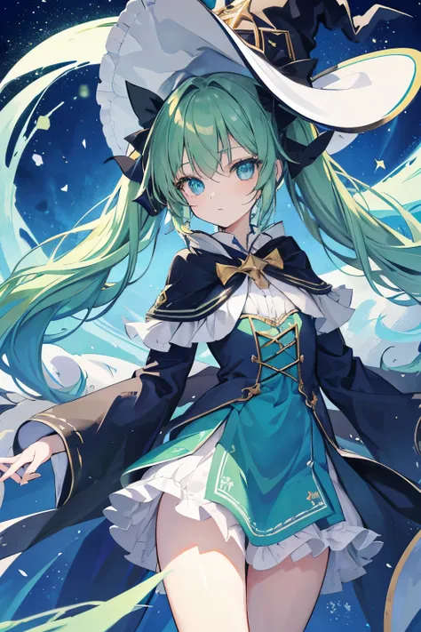 1girl, looking at viewers ,green hair ,blue eyes, beautiful detailed eyes, long twin tails, witch ,wizard hat,wearing rag of cloth,singing magic, arcane, magic surrounding,knowledge,abyss eyes,deep blue sky, death