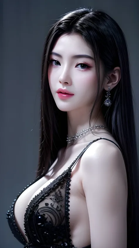 Beautiful  sexy  cool edgy tall, , Healthy women,  Intricate and detailed, 丰满结实的胸部, deep cleavage , ,  body chain , Diamond Jewelry ,  Glittering , Shiny, Wallop, Round Premium , Wear a long black dress， sexy  , 挺拔小巧的乳房