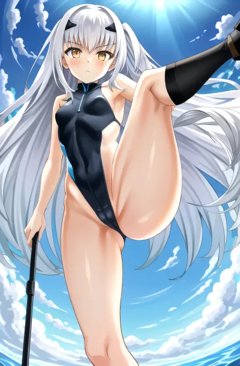 ufotable style, 1girl, long hair, thick thighs, from below, thighs, full body, bare thighs, leotard, one leg up, small breasts, white hair, yellow eyes