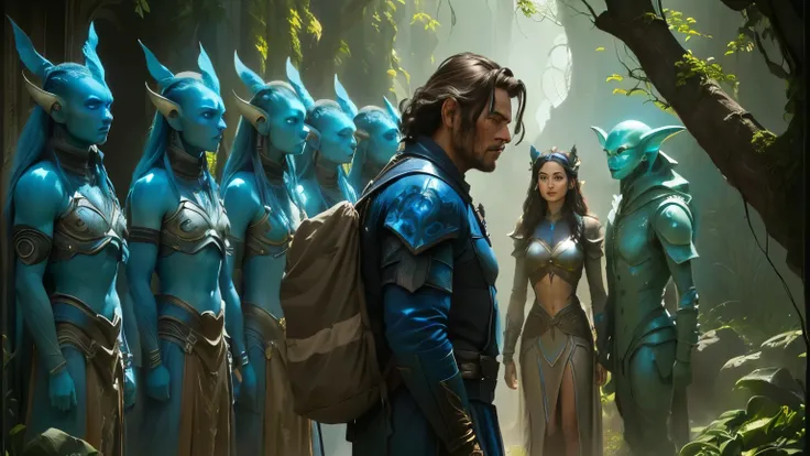 a man and woman in blue body paint standing in front of a group of blue alien, still from a fantasy movie, weta disney movie still photo, # film, from netflixs arcane, avatar movie, movie promotional image, film still from movie dune-2021, james cameron av...