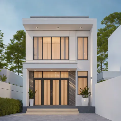 PLATFORM KTHOUSE, 1 morden WHITE house,1large yard, 1 road runs in front of the house, (RAW photo, real, best quality, masterpiece:1.2), look morden minimalist, 1 road in front of the house, dynamic lighting:1.3, (hyper realistic, photo-realistic:1.2), hig...
